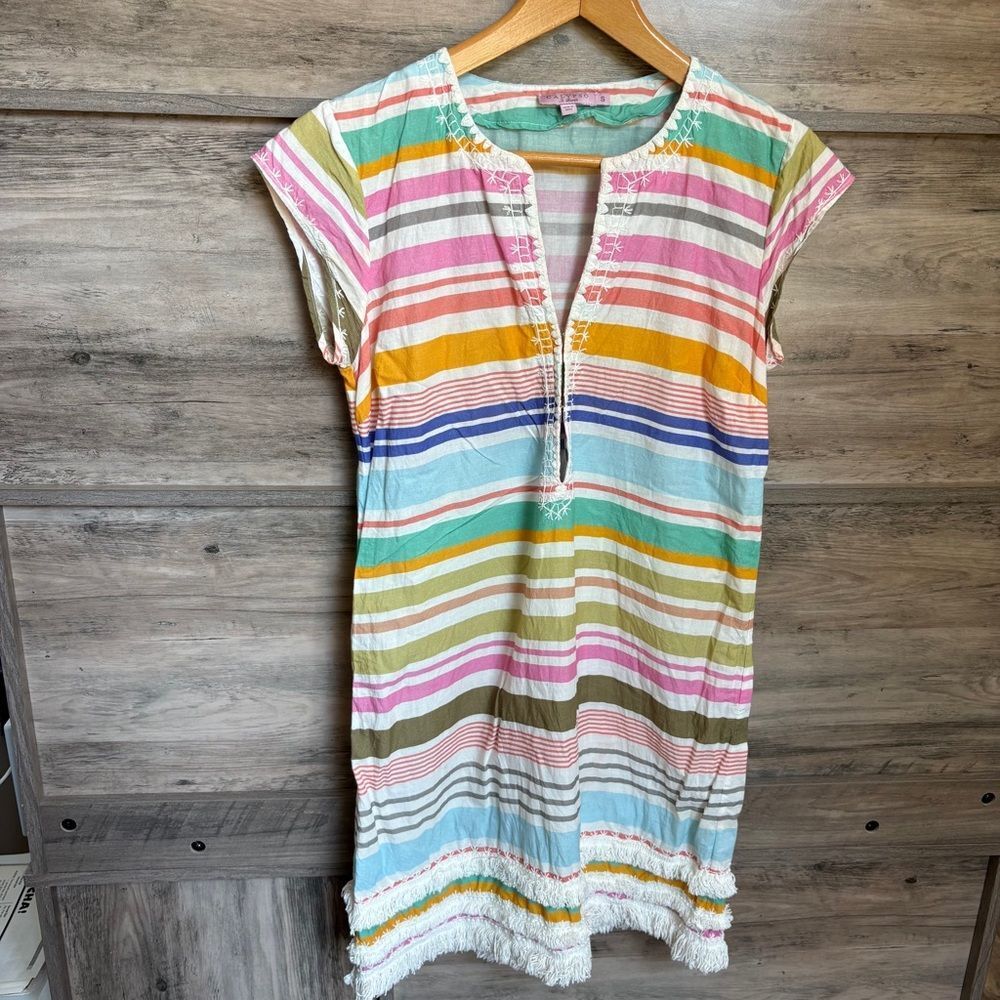 Calypso St. Barth S Pastel Multicolor Stripe Embroidered Dress Fringe Boardwalk